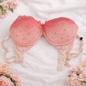 Victoria Secret Bra 32C Dream Angels Push Up Pink Embroidered Lace Rhinestone